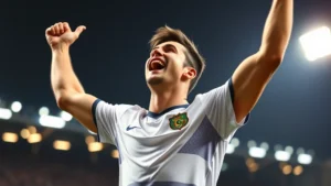 Athletic male in sports jersey celebrating touchdown with arms raised, intense competitive expression, stadium lights background, photorealistic, no text or labels visible