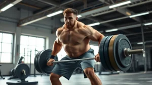 College football defensive lineman performing explosive power clean in modern strength facility with bright lighting, muscular athlete mid-lift with intense focus, weight plates visible on Olympic barbell, concrete floor with gym equipment background