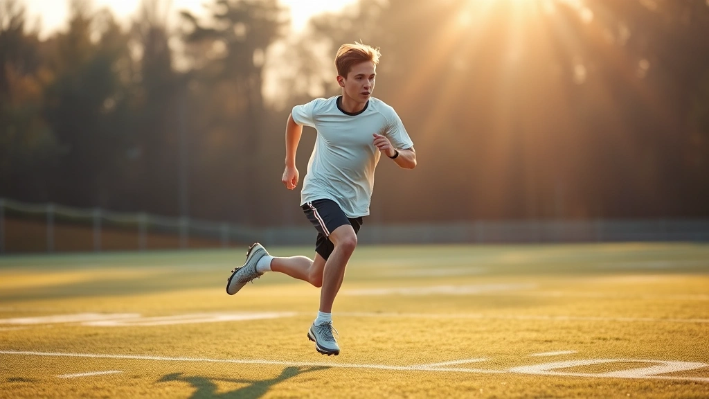 Young athletic football player sprinting at full speed on outdoor field during interval training session, morning sunlight, athletic wear, grass field with yard markers, dynamic motion capture with proper running form