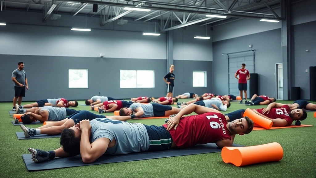 Football team athletes performing group recovery session with foam rolling and stretching on gym mats, bright facility lighting, multiple players in various recovery positions, professional strength and conditioning environment
