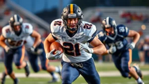 Young male high school football player in full uniform executing a powerful running play, breaking through defenders with determined expression, stadium lights visible in background, action shot capturing athletic intensity and muscular definition