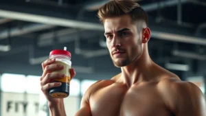 Athletic male in gym holding protein shake, muscular physique, post-workout recovery scene, bright lighting, focused expression, fitness environment, photorealistic