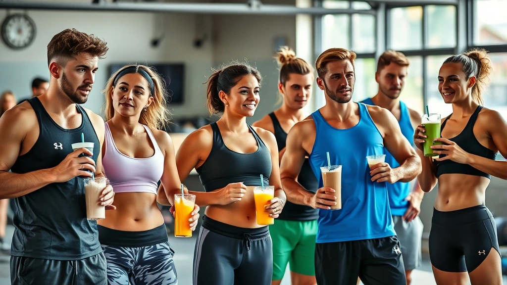 Diverse group of athletes (male and female) in various sports attire drinking protein shakes, gym setting, natural lighting, active recovery moment, healthy and fit individuals