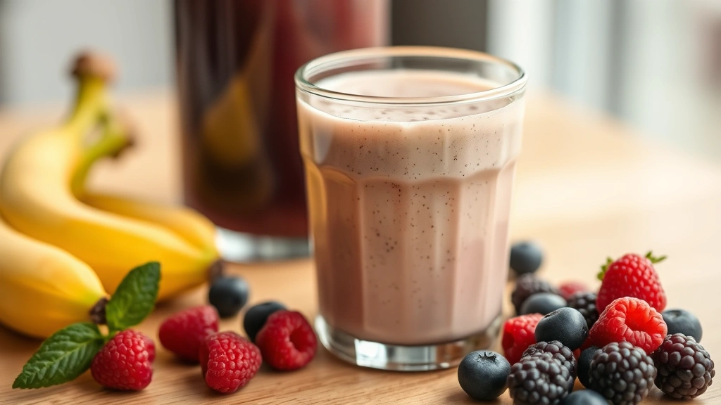 Close-up of protein shake in glass with berries and banana nearby on wooden table, fitness-focused composition, natural daylight, no text on any items, healthy nutrition scene