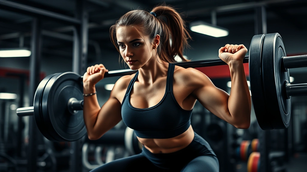 Athletic woman performing heavy barbell back squat in professional gym, intense focused expression, proper form, sweat visible, bright gym lighting, muscular definition visible, motivational energy
