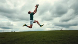 Athletic male Gaelic football player performing explosive vertical jump catch, full body extension against cloudy sky, grass field background, competitive intensity