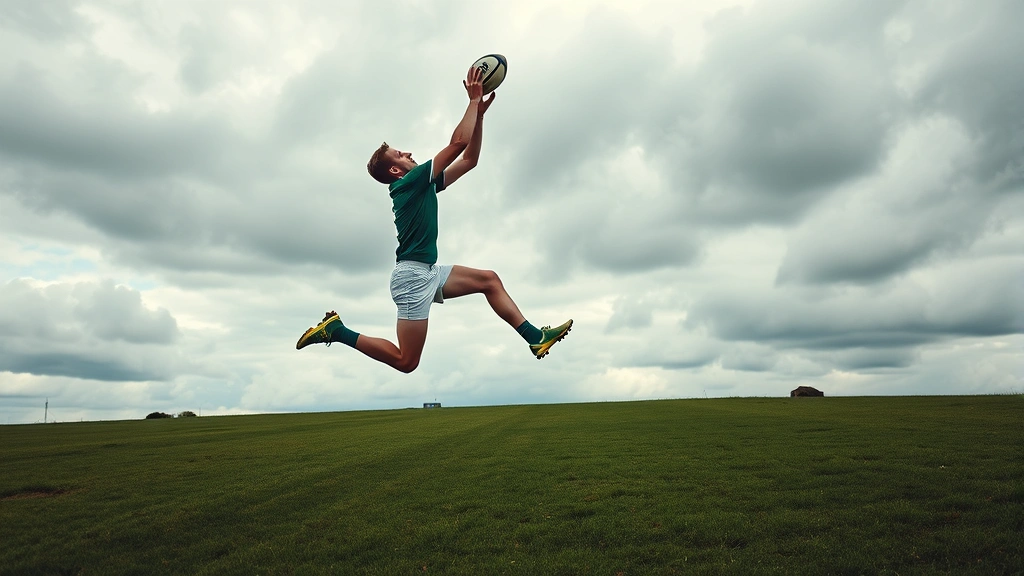 Athletic male Gaelic football player performing explosive vertical jump catch, full body extension against cloudy sky, grass field background, competitive intensity
