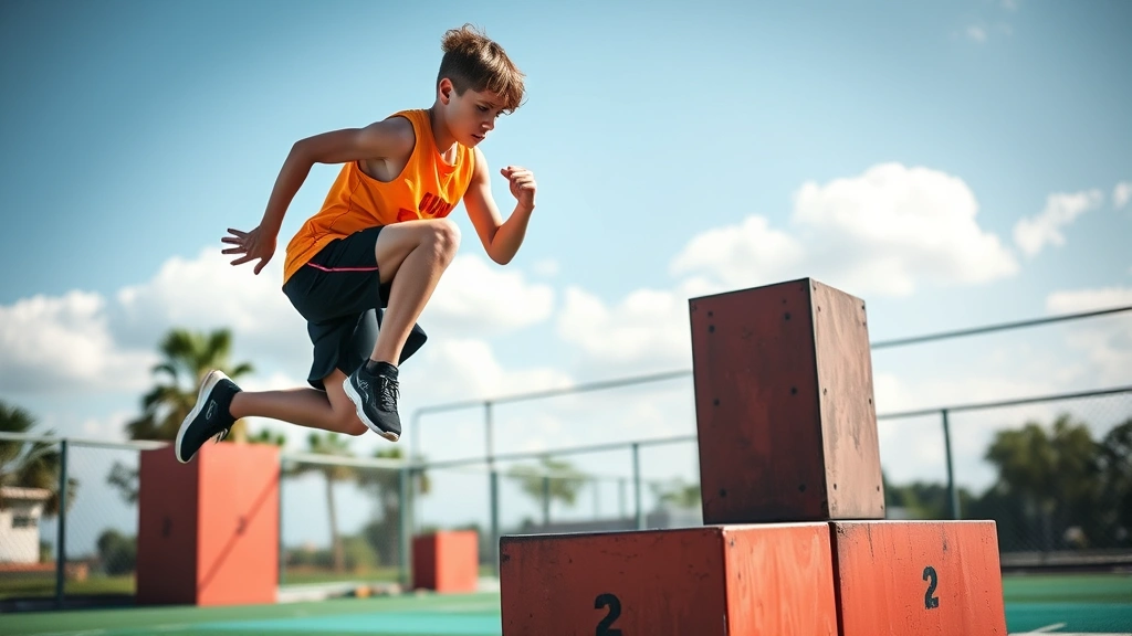 Young athlete executing powerful plyometric box jump, dynamic mid-air position with explosive lower body extension, outdoor training facility, athletic wear