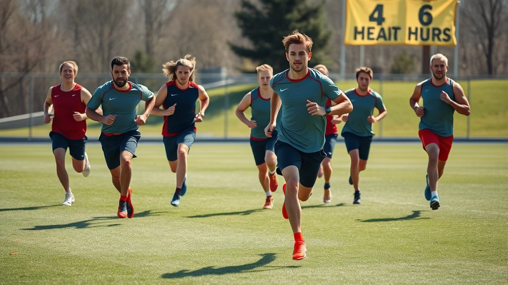 Team of athletes sprinting across grass field during high-intensity interval training, multiple players showing explosive acceleration and competitive effort, bright daylight