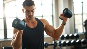 Athletic person performing strength training with dumbbells in bright morning sunlight streaming through gym windows, focused expression, dynamic muscle engagement
