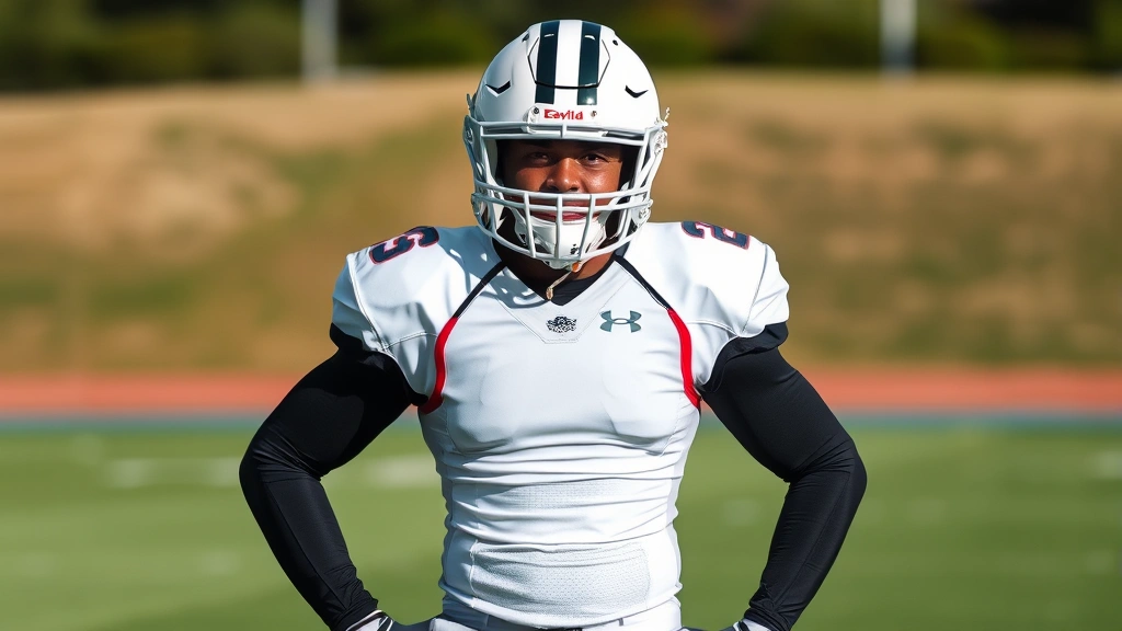 Professional football player in full protective gear including certified helmet, shoulder pads, and compression clothing, standing confidently on natural grass field during daylight, showcasing proper equipment fit and positioning