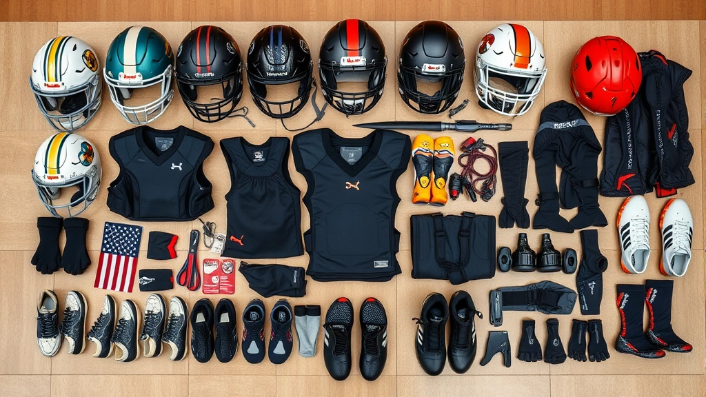 Overhead view of organized football equipment laid out including multiple helmet models, shoulder pads, cleats, compression gear, and protective items neatly arranged on athletic facility floor