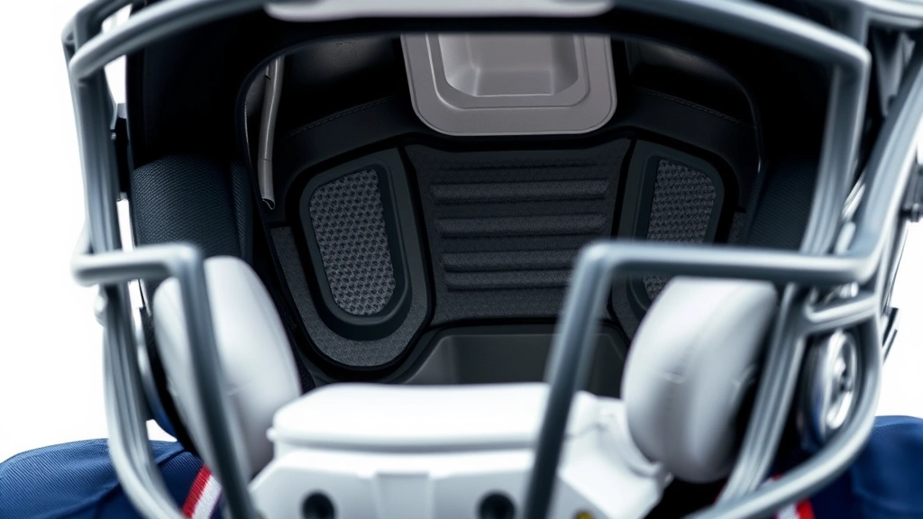 Close-up detail shot of advanced football helmet interior padding system and ventilation design, showing modern protective technology and comfort features in professional-grade equipment