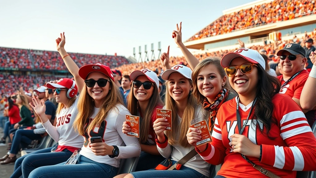Excited college football fans in stadium seats wearing Georgia Bulldogs and Tennessee Vols gear, holding tickets, energetic game day atmosphere with clear stadium views and autumn lighting