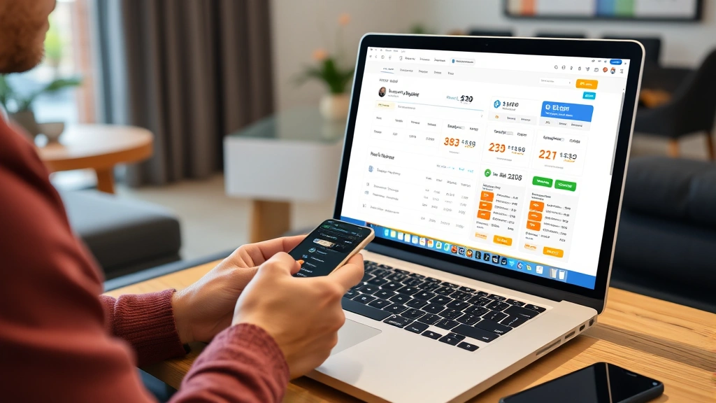 Person using smartphone and laptop simultaneously checking multiple ticket marketplace platforms and price comparison charts, surrounded by calendar notifications and deal alerts in modern home setting