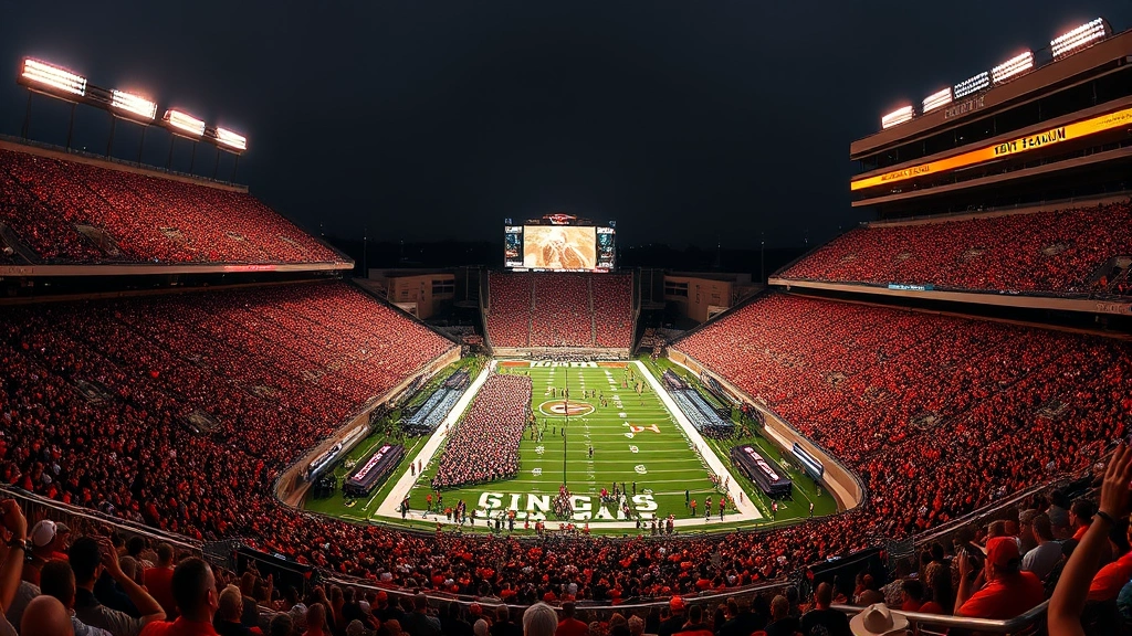 Crowded Sanford Stadium or Neyland Stadium during Georgia-Tennessee rivalry game with thousands of passionate fans, dramatic lighting, packed bleachers showing the magnitude of this iconic matchup