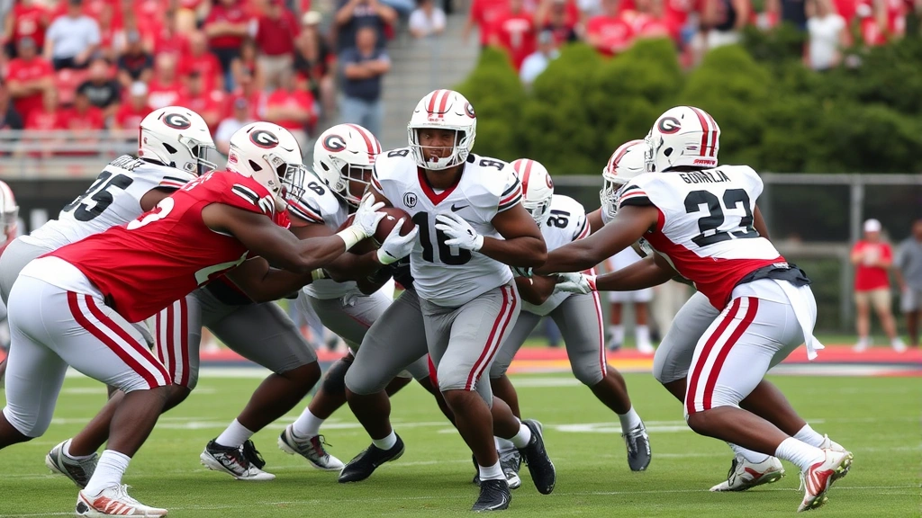 Georgia Bulldogs defensive line executing pass rush drill, multiple defenders applying pressure on quarterback during practice session, realistic athletic movement and form