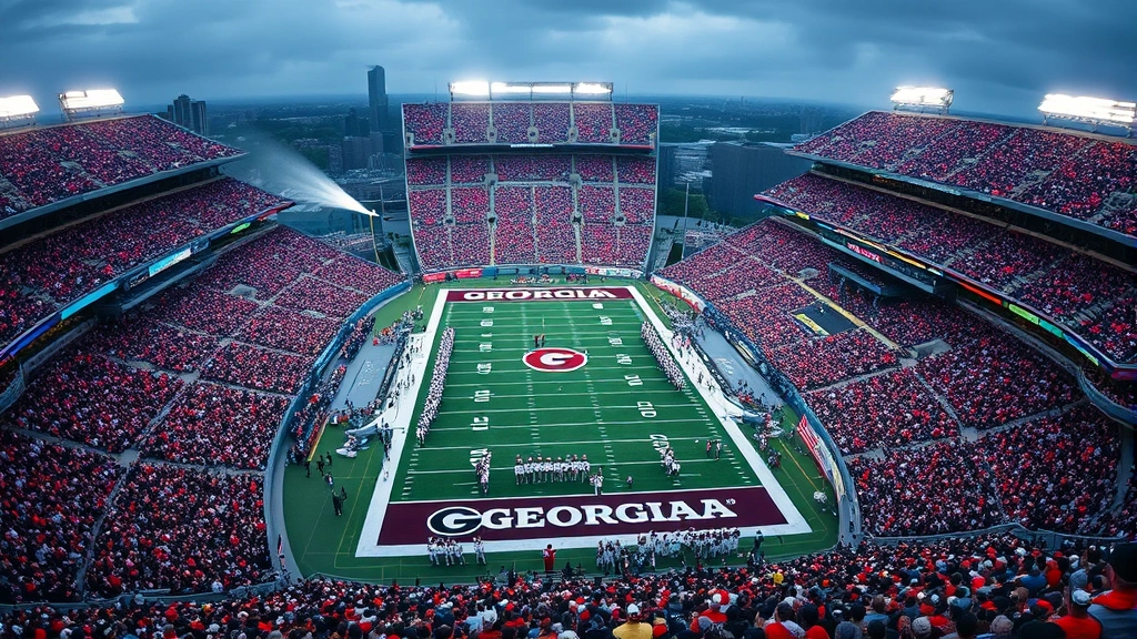 College football stadium filled with fans during Georgia vs Kentucky game, aerial view of field with both teams lined up, dramatic lighting and crowd energy captured