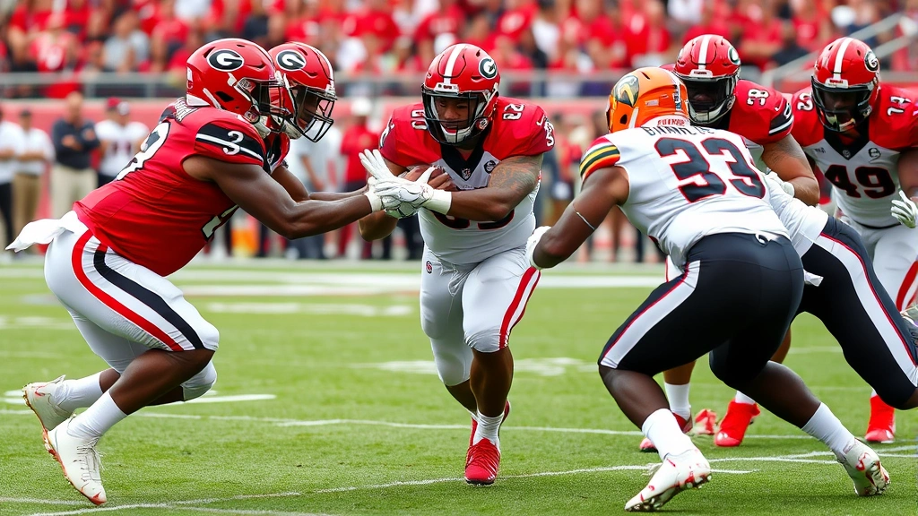 Georgia Bulldogs offensive lineman executing powerful run-blocking technique during college football game, showing intense physical competition and athletic execution between opposing players on field