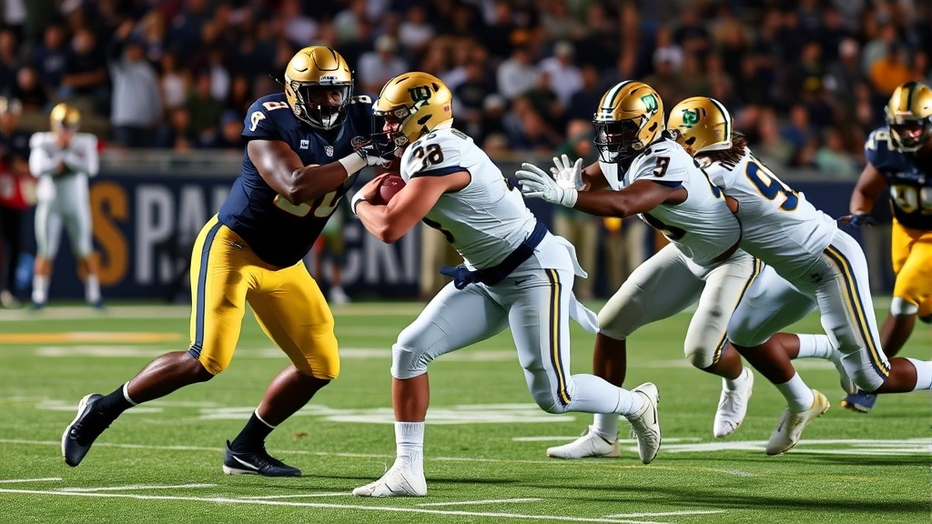 Notre Dame Fighting Irish defensive lineman rushing the quarterback during college football game, demonstrating elite pass rush technique and defensive pressure against opposing offense