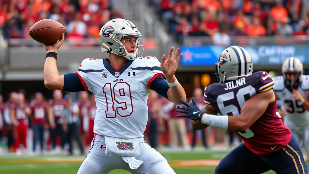College football quarterback executing precise pass delivery during competitive game, showing athletic excellence and quarterback skill against defensive secondary coverage in stadium environment