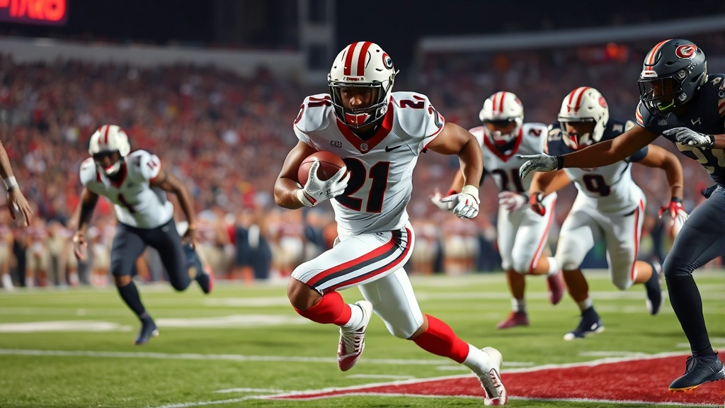 Georgia Bulldogs football player executing powerful running back carry through opposing defenders, stadium lights shining brightly, intense competitive action captured mid-motion