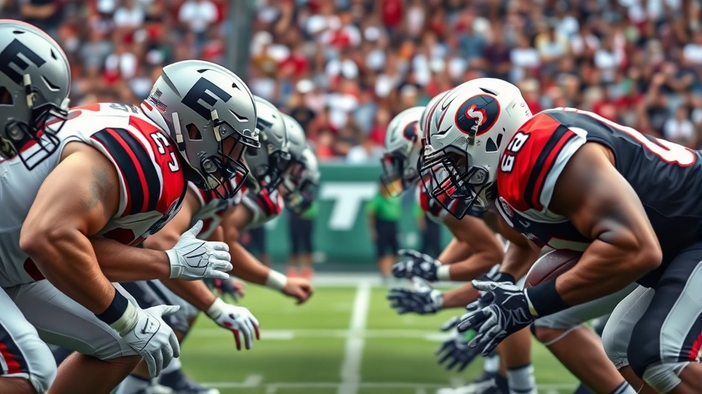 Defensive football players engaged in fierce line scrimmage battle, intense facial expressions showing determination, stadium environment with crowd blur in background