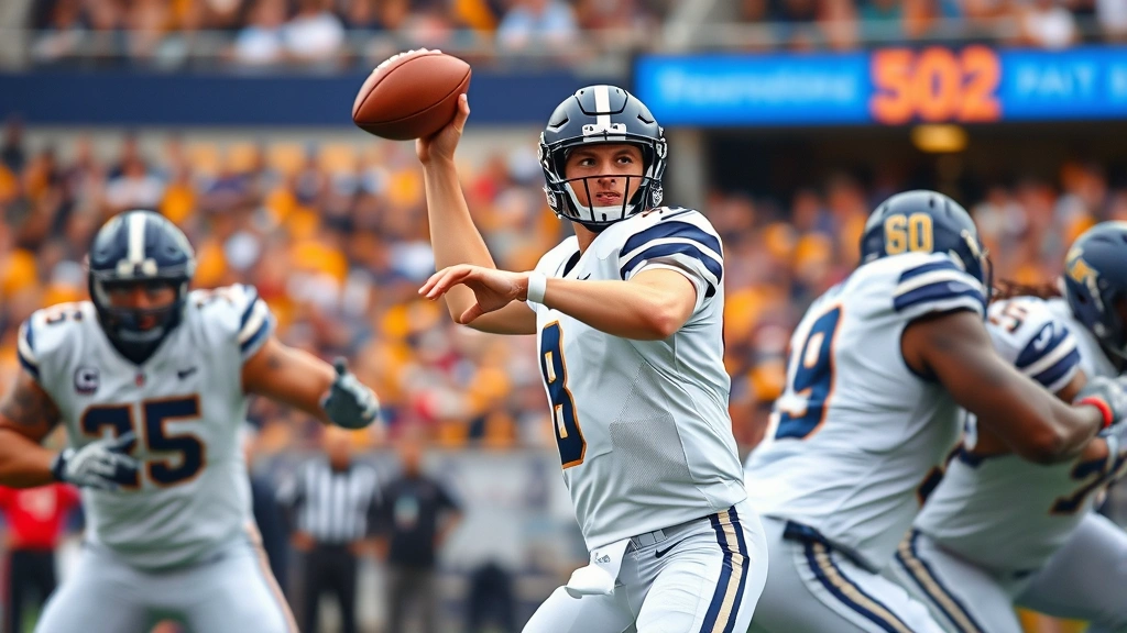 College football quarterback throwing accurate pass under game pressure, offensive linemen protecting pocket, dynamic athletic movement captured in professional stadium setting