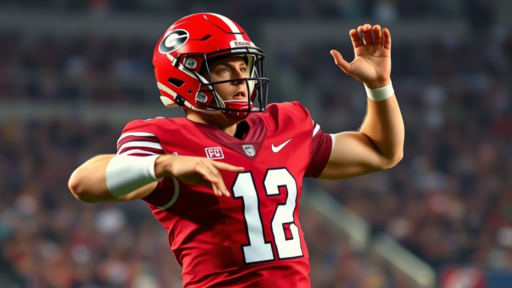 Professional football player in Georgia Bulldogs uniform executing perfect passing form during practice, focused facial expression, stadium lights in background, photorealistic athletic performance