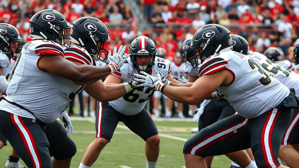 College football offensive line players in Georgia uniforms demonstrating blocking technique during organized team drill, showing proper pad level and engagement, crowded practice field environment, photorealistic sports action