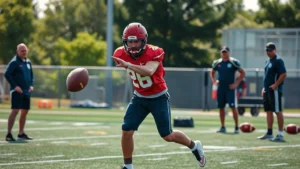 High school football player executing athletic training drill during practice session with coach supervision, photorealistic action shot