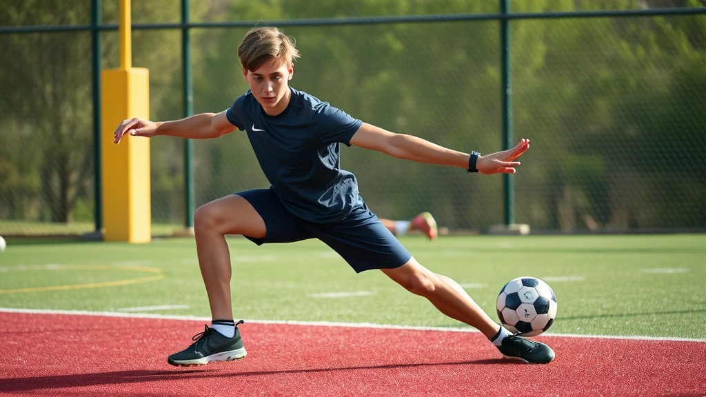 Young athlete performing dynamic stretching and flexibility training before competitive football practice, muscular development focus