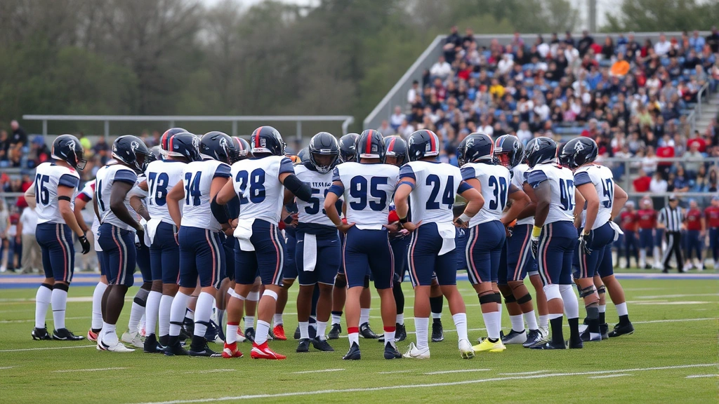 Football team huddle during game with players in formation showing teamwork and communication on field
