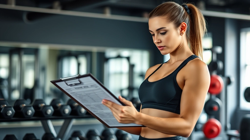 Athletic woman in gym setting reviewing training plan on clipboard, surrounded by dumbbells and resistance equipment, focused expression, professional gym environment with natural lighting