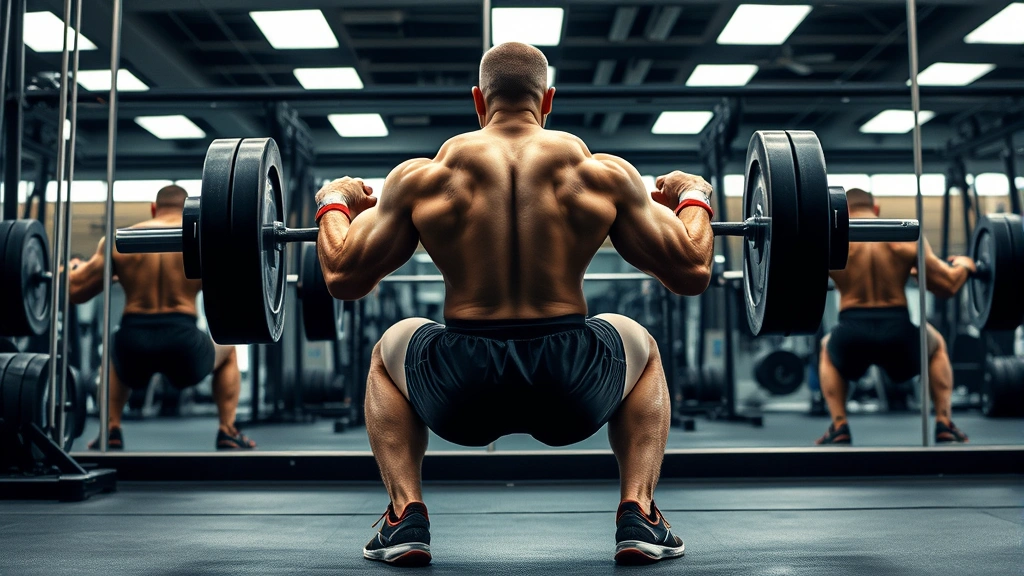Muscular athlete performing heavy barbell squat with perfect form, knees tracking over toes, back straight, in modern gym with mirrors, demonstrating proper technique and strength training