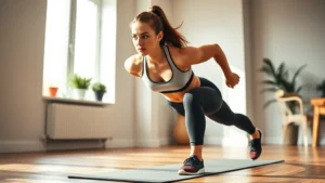 Athletic woman performing intense burpee exercise in modern home gym, sweat visible, dynamic motion, focused expression, bright natural lighting, wooden floors, motivational energy