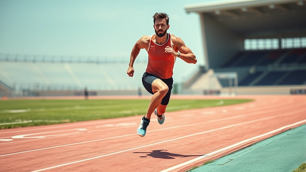 Male athlete sprinting at maximum intensity on outdoor track, powerful leg drive, muscular definition visible, determined facial expression, clear day, professional athletic form, mid-stride explosion