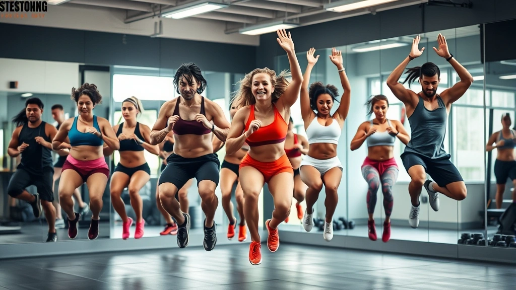 Group of diverse athletes performing high-intensity interval training together, jumping and explosive movements, modern fitness studio, mirrors reflecting action, high energy, sweat, determination and strength visible