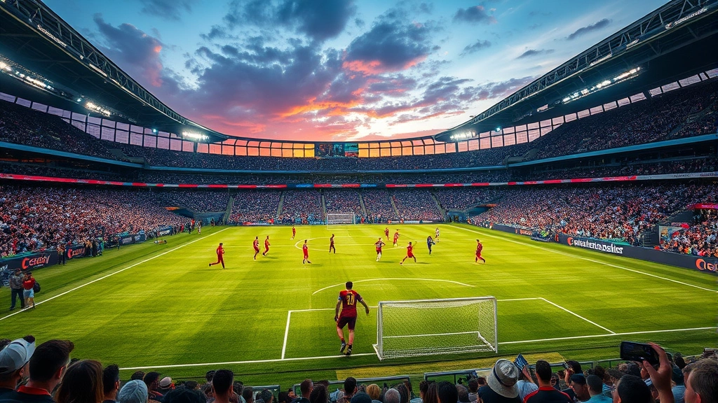 International football stadium during evening match, packed crowd in background, players executing tactical formation on field, showcasing team organization and professional football environment