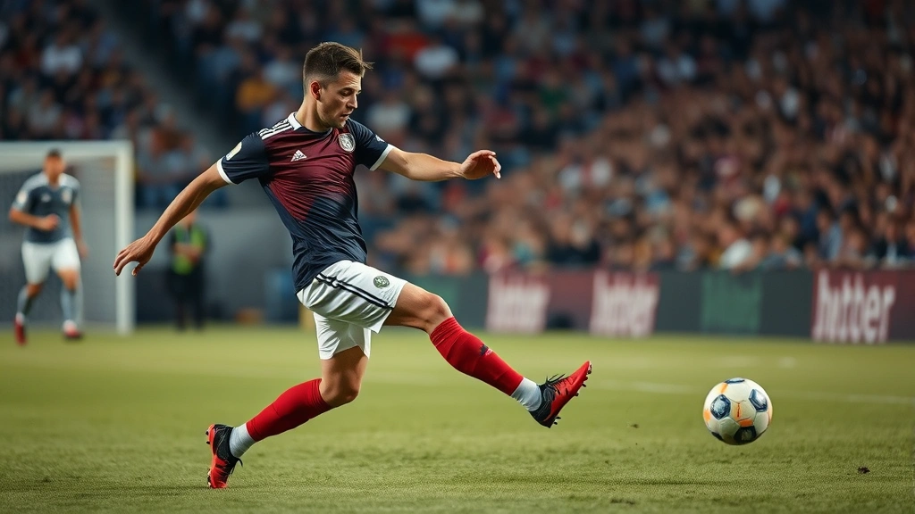 Professional football midfielder executing precise pass under intense pressure, showing technical skill and tactical positioning in competitive match environment