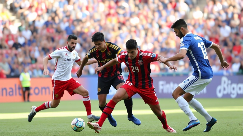 Professional football players engaged in intense tactical match, showing midfield competition and positioning during high-level international fixture