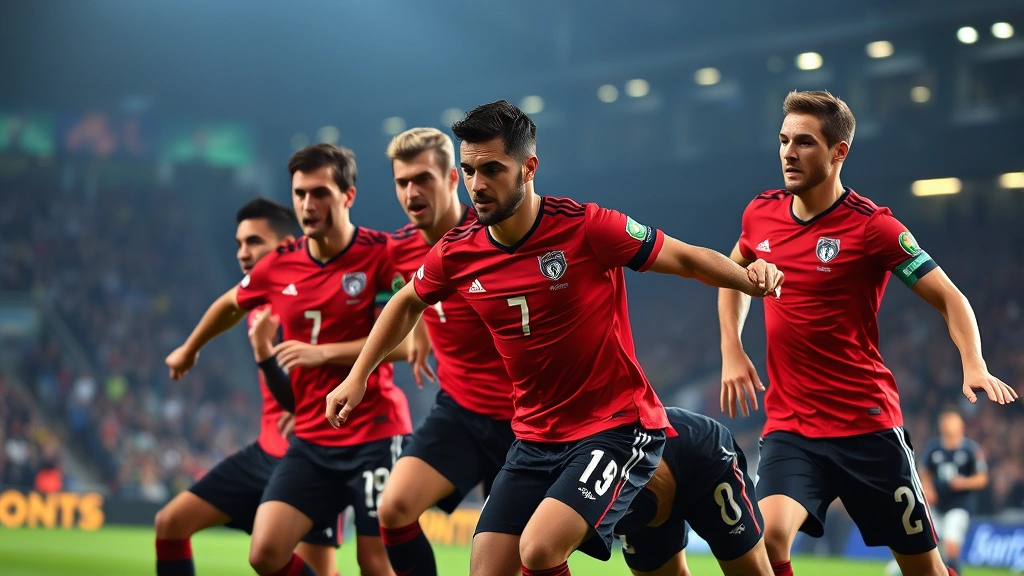 Professional soccer players in Germany national team red jerseys executing tactical formation during high-intensity international match, showing defensive positioning and structure under stadium lights with focused expressions