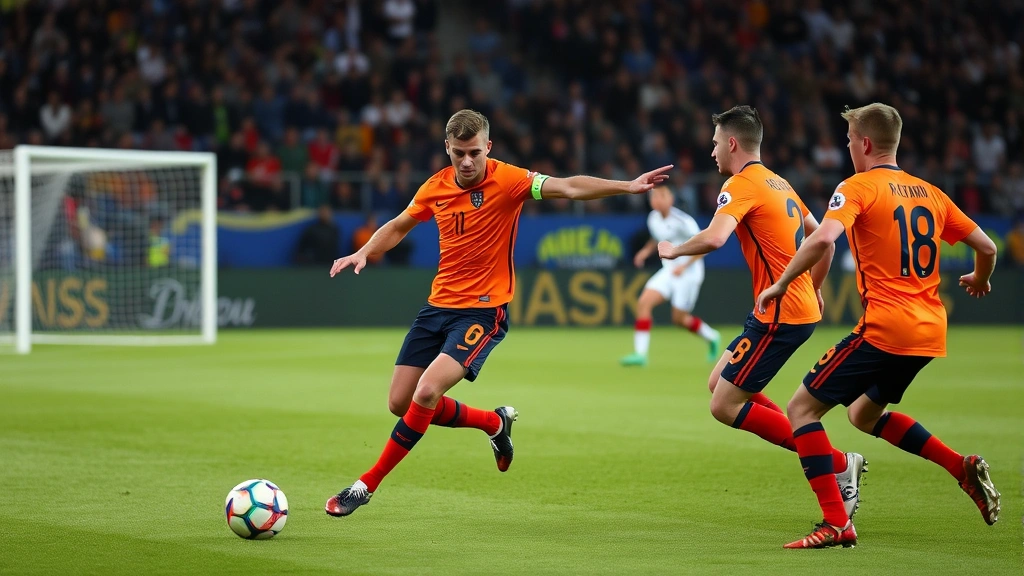 Netherlands national team players in orange jerseys performing quick combination passing play in midfield, demonstrating technical skill and fluid movement during competitive match with goalkeeper visible