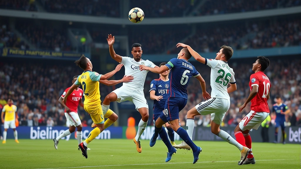 Elite international football players from both teams competing for aerial possession during corner kick, showing athletic prowess, jumping ability, and positioning intensity in professional stadium environment
