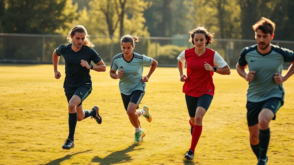 Professional soccer players performing high-intensity interval training on grass field, sprinting at maximum effort with intense focus, morning sunlight, sweat visible, athletic wear, dynamic motion blur capturing explosive power and cardiovascular exertion