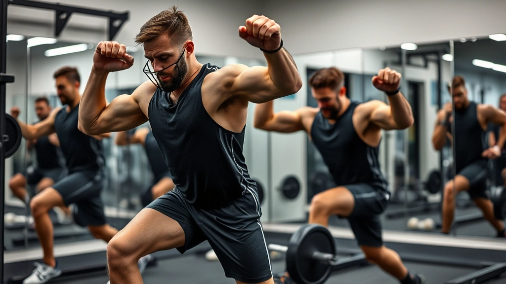 Elite football athletes in gym setting performing strength and power development exercises, using resistance equipment and weights, demonstrating explosive lower body movements, mirrors reflecting focused training intensity, professional conditioning environment