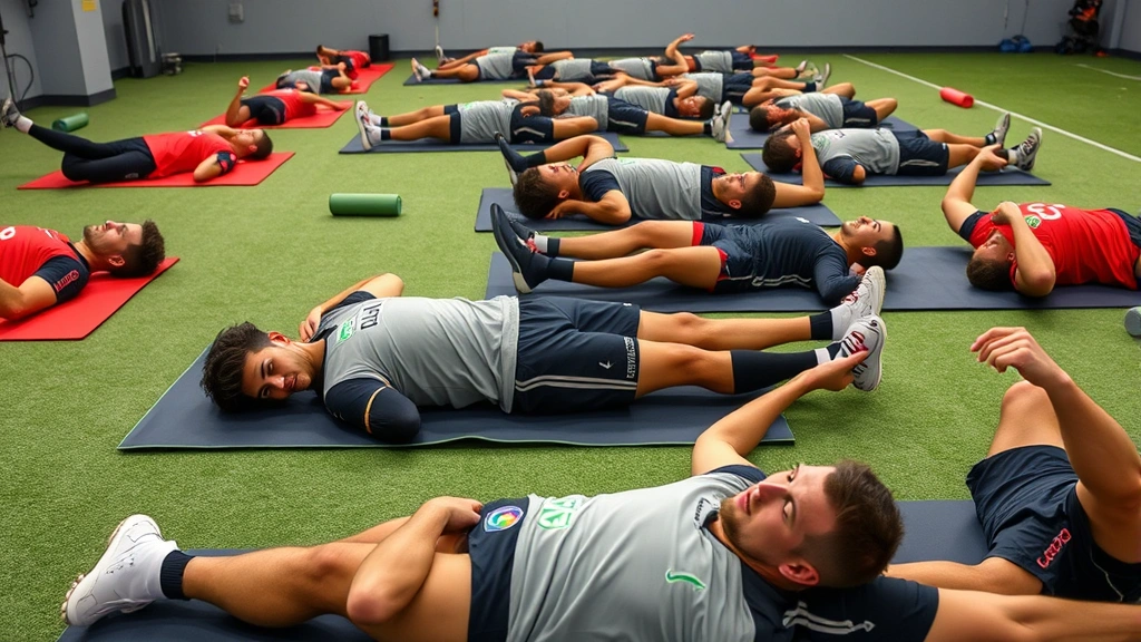 National team players recovering and stretching after intense training session, lying on recovery mats, using foam rollers and compression equipment, sports science monitoring visible through wearable technology, cool-down protocol demonstration