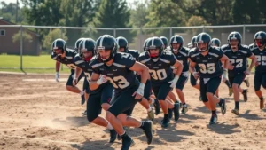 High school football team in intense practice session, players executing drills at full speed with focused expressions, morning sunlight, dirt field, motivational energy