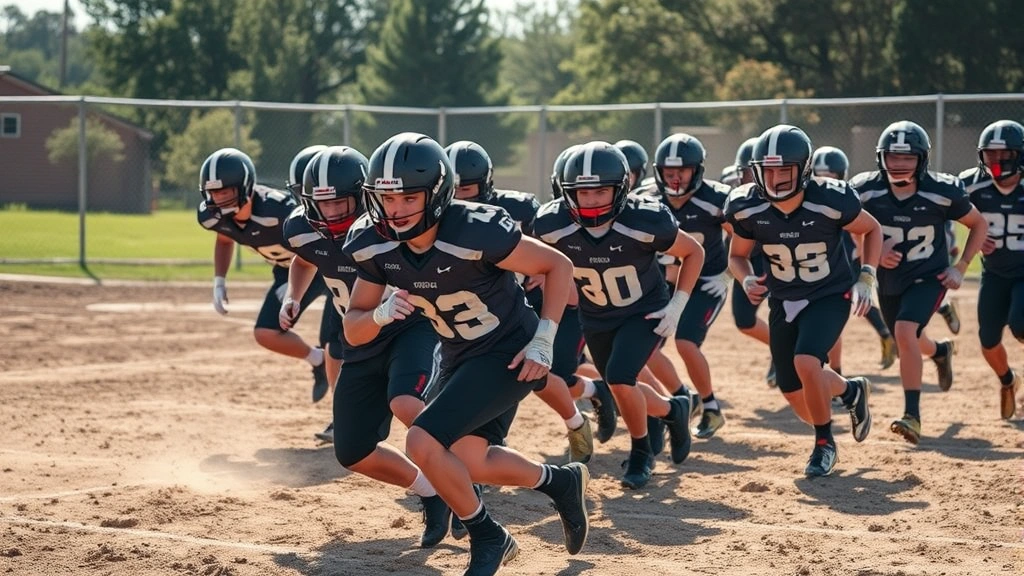 High school football team in intense practice session, players executing drills at full speed with focused expressions, morning sunlight, dirt field, motivational energy