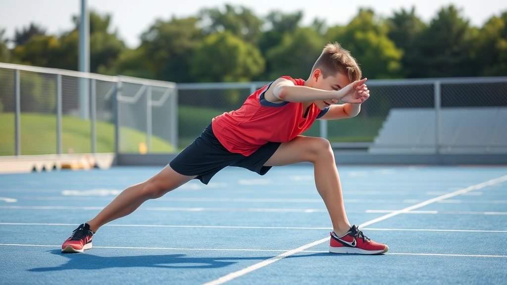 Young athlete performing dynamic stretching and mobility work before competition, athletic wear, outdoor setting, proper form demonstration, energetic preparation